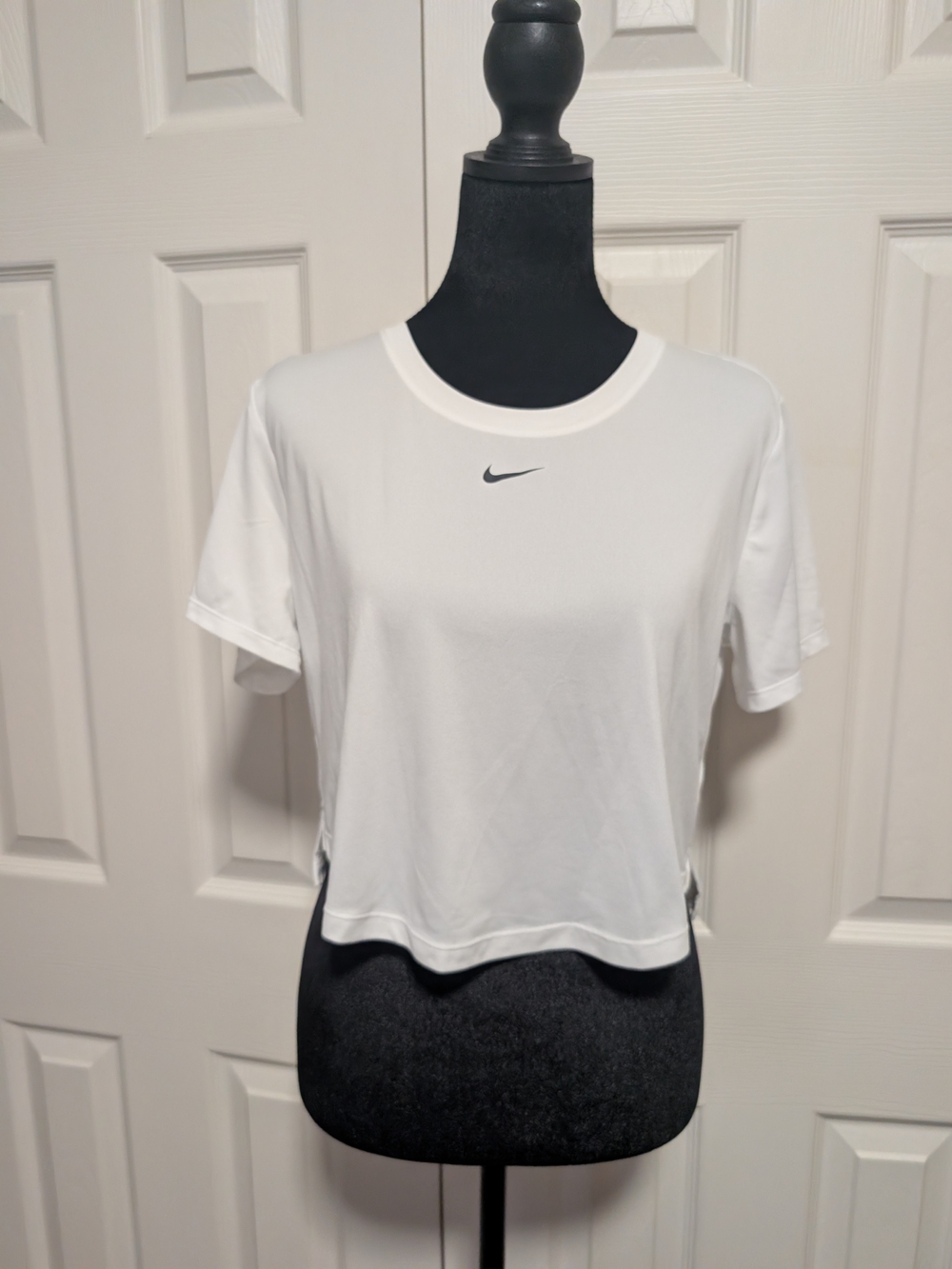 Nike White Cropped Short Sleeve Tee with Small Black Swoosh